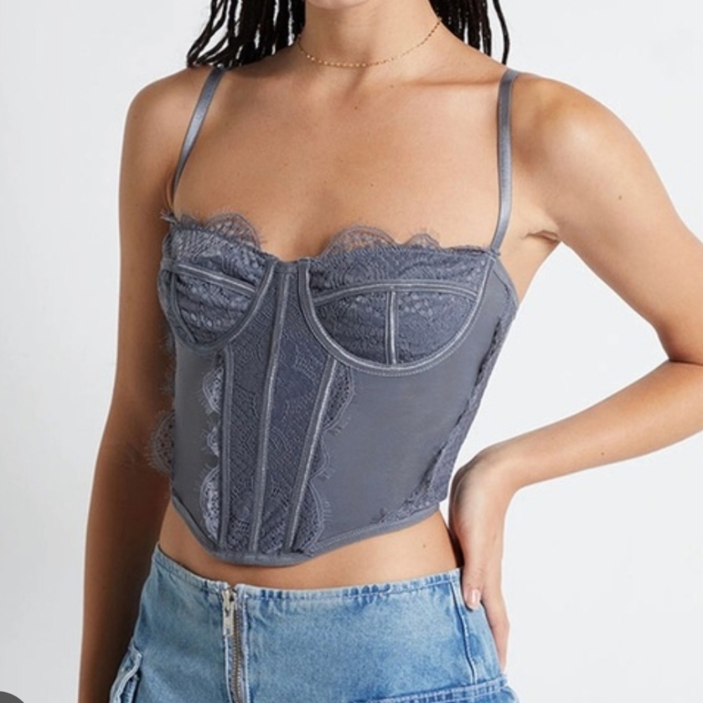 Gray Lace Mesh Bustier Corset Top XS Sexy Grunge Skater